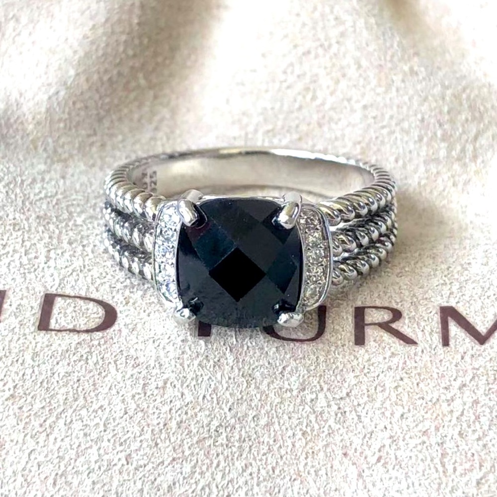 David Yurman Petite Wheaton Ring Sterling Silver Black Onyx Pavé Diamonds